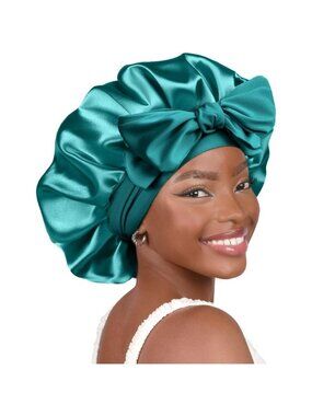 🆕 Women Silk Bonnet Blue Satin Double Layer Lined Hair Tie Band Curly Natural